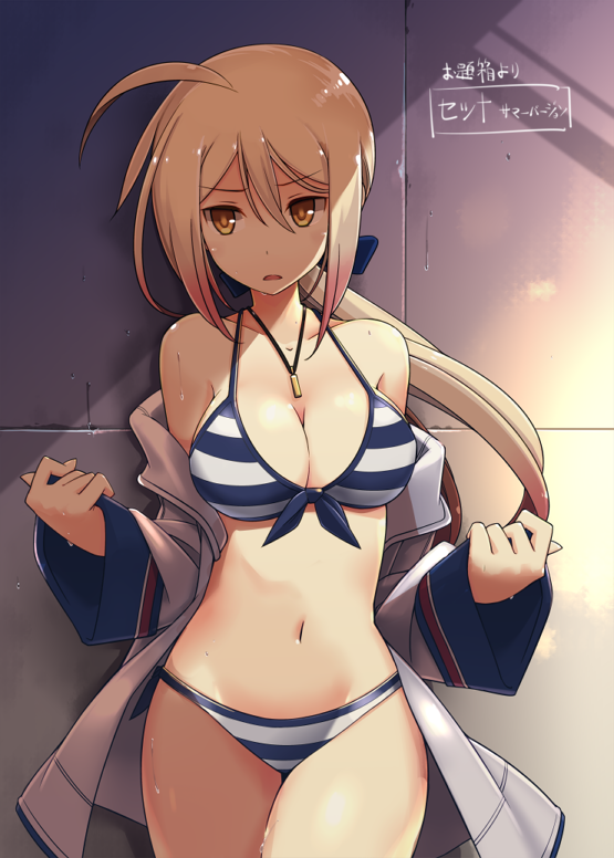 1girl ahoge bikini bow breasts character_request cleavage coat front-tie_bikini front-tie_top hair_between_eyes hair_bow hakoniwa_tsuka jewelry light_brown_hair long_hair looking_away low_ponytail medium_breasts multicolored_hair navel necklace off_shoulder pendant sleeves_past_wrists solo striped striped_bikini sweat swimsuit thigh_gap two-tone_hair yellow_eyes