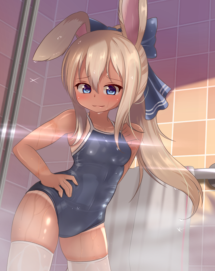 1girl animal_ears blonde_hair blue_bow blue_eyes bow cowboy_shot from_below hair_bow hand_on_hip hotel01 long_hair one-piece_tan original ponytail rabbit_ears school_swimsuit shower_room solo swimsuit tan tanline thigh-highs towel white_legwear