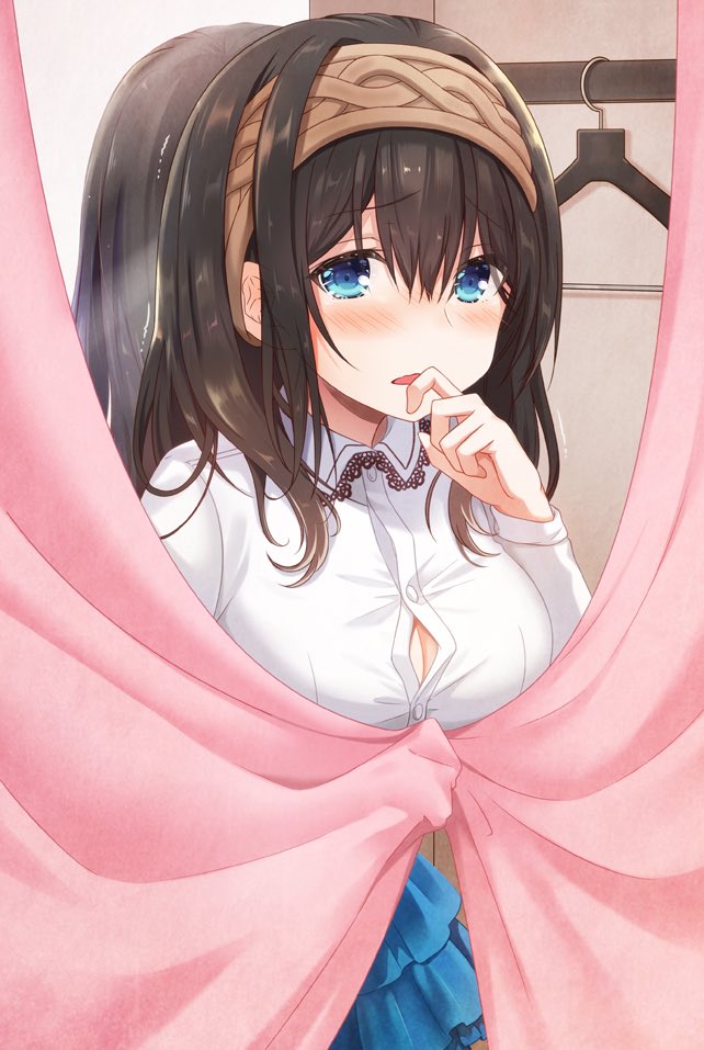 1girl azuki_yui bangs black_hair blue_dress blue_eyes breasts bursting_breasts clothes_hanger commentary_request curtain_grab curtains dress dress_shirt embarrassed eyebrows_visible_through_hair finger_to_mouth hair_between_eyes hairband idolmaster idolmaster_cinderella_girls large_breasts long_hair looking_at_viewer mirror parted_lips pleated_dress sagisawa_fumika shirt solo tearing_up