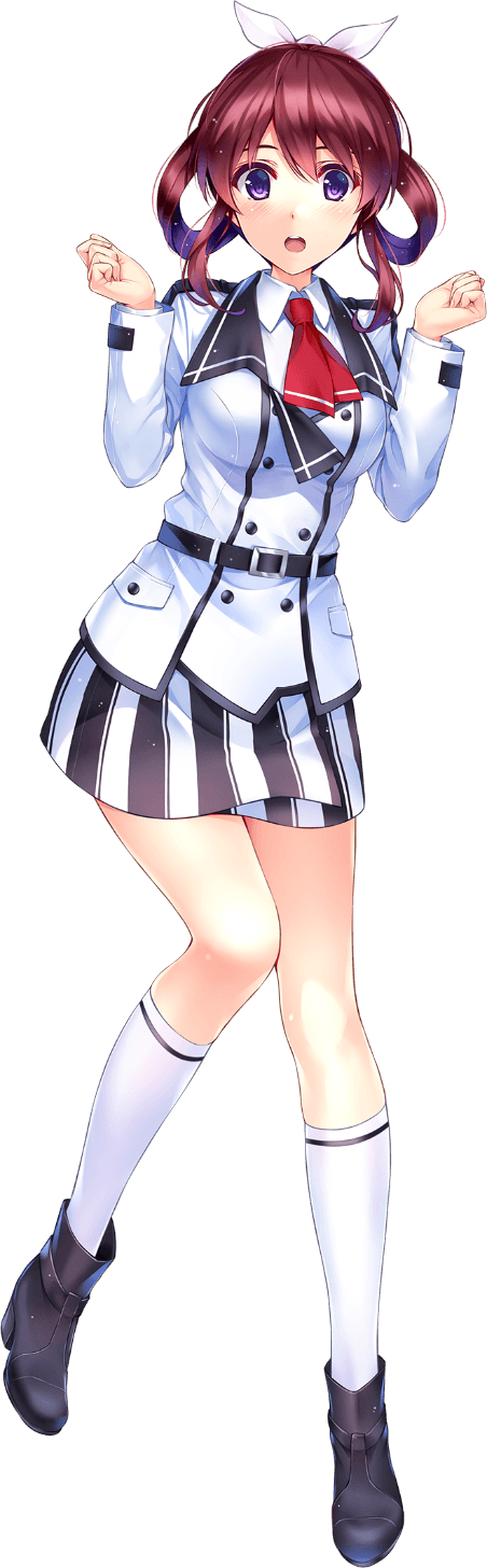 1girl ankle_boots bangs boots breasts brown_hair full_body highres long_sleeves looking_at_viewer medium_breasts misaki_kurehito official_art open_mouth ragnastrike_angels school_uniform short_hair skirt socks solo striped toujou_hinata transparent_background vertical_stripes violet_eyes white_legwear
