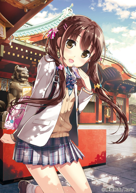 1girl :d architecture arm_behind_back bag bangs blazer blue_sky blush bow bowtie brown_eyes brown_hair brown_shoes buckle building buttons charm_(object) clouds commentary_request copyright_request day east_asian_architecture eyebrows_visible_through_hair flower fujima_takuya grey_skirt hair_flower hair_ornament hairclip handbag holding jacket lantern leg_up loafers long_hair long_sleeves looking_at_viewer miniskirt open_clothes open_jacket open_mouth plaid plaid_skirt pleated_skirt school_uniform shade shoes skirt sky smile socks solo stairs standing standing_on_one_leg striped striped_bow striped_bowtie sunlight twintails white_jacket white_legwear wing_collar