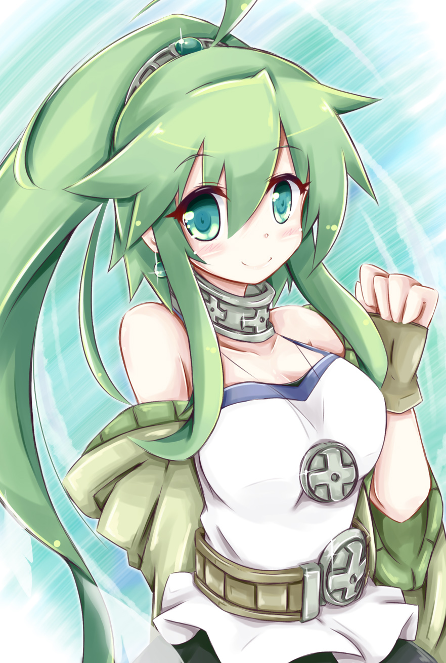 1girl ahoge bare_shoulders belt breasts choker cleavage duel_monster earrings fingerless_gloves gloves green_eyes green_hair highres jewelry long_hair looking_at_viewer nanashino_(nanasino101) necklace ponytail smile solo very_long_hair winda_priestess_of_gusto yu-gi-oh!