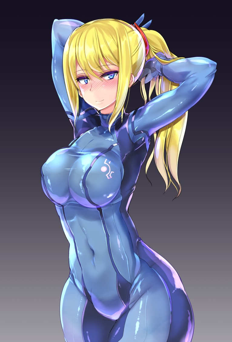 1girl arms_behind_head arms_up black_background blonde_hair blue_bodysuit blue_eyes blush bodysuit breasts colored_eyelashes covered_navel covered_nipples cowboy_shot gradient gradient_background hair_between_eyes hair_flip large_breasts light_smile long_hair looking_at_viewer mamo_williams metroid ponytail samus_aran skin_tight solo standing varia_suit wide_hips zero_suit