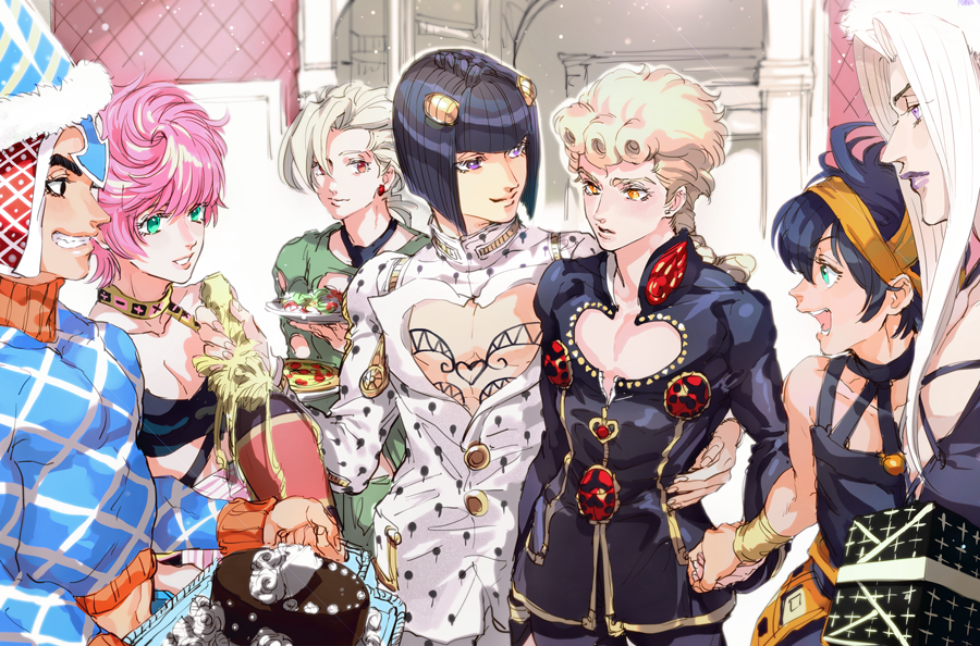 aqua_eyes arm_around_waist black_eyes black_hair blonde_hair bob_cut bottle bra braid breasts bruno_buccellati cake choker cleavage earrings food giorno_giovanna green_eyes guido_mista hair_ornament hairband hairclip holding_hand jewelry jojo_no_kimyou_na_bouken leone_abbacchio lipstick makeup medium_breasts narancia_ghirga orange_eyes pannacotta_fugo pink_hair purple_lipstick salad short_hair single_braid smile stud_earrings trish_una turtleneck underwear violet_eyes white_hair wine_bottle wristband zakki