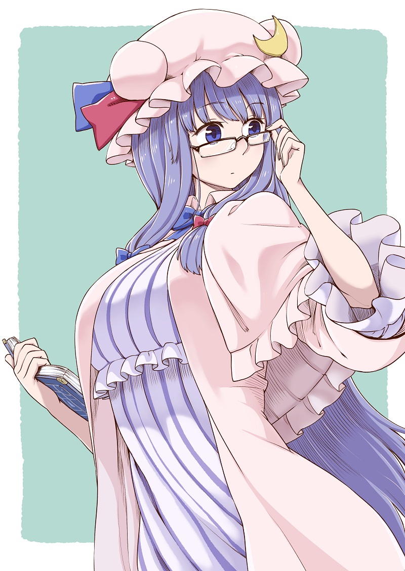1girl adjusting_glasses bespectacled blue_bow book bow capelet crescent crescent_hair_ornament dress glasses hair_bow hair_ornament hat holding holding_book long_hair looking_away mob_cap patchouli_knowledge poronegi purple_hair red_bow solo striped striped_dress touhou very_long_hair violet_eyes