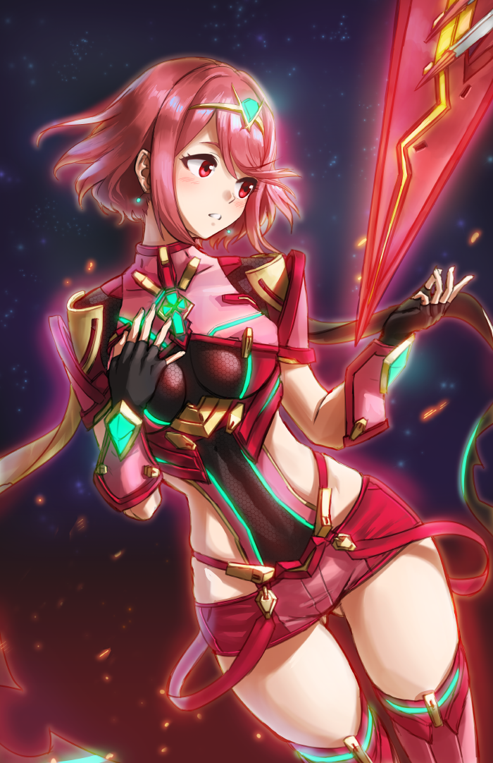 1girl ass_visible_through_thighs athenawyrm black_gloves blush breasts commentary covered_navel fingerless_gloves gloves hand_on_own_chest pyra_(xenoblade) large_breasts looking_to_the_side parted_lips red_eyes redhead short_hair short_shorts shorts sidelocks solo thigh-highs tiara xenoblade xenoblade_2