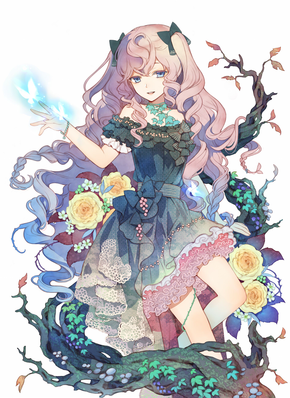 1girl blonde_hair blue_eyes bow bracelet butterfly eyebrows_visible_through_hair flower green_bow hair_bow highres jewelry kuroyuki looking_at_viewer open_mouth original plant smile solo teeth vines