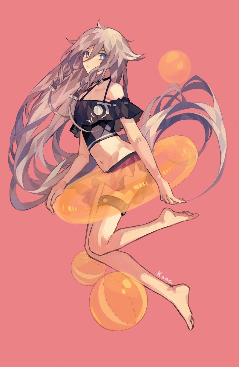 1girl artist_name ball bangs beachball bent_knees black_swimsuit blue_eyes braid commentary crop_top from_side full_body grey_hair hair_between_eyes halter_top halterneck highres innertube kanekiru long_hair looking_at_viewer miniskirt navel original pink_background red_skirt sidelocks simple_background skirt solo stomach swimsuit very_long_hair