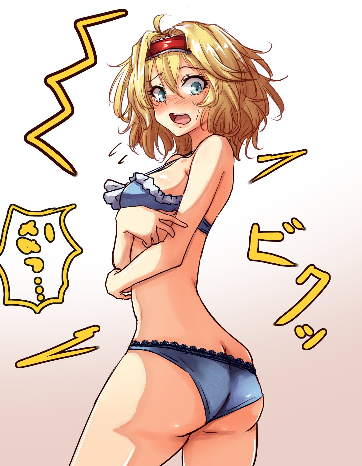 1girl ahoge alice_margatroid amagi_(amagi626) ass bare_arms blonde_hair blue_bra blue_eyes blue_panties blush bra breasts butt_crack commentary_request cowboy_shot embarrassed frilled_bra frills from_behind gradient gradient_background hairband highres looking_at_viewer looking_back medium_breasts multicolored multicolored_background nose_blush open_mouth panties simple_background solo sweat tears touhou two-tone_background underwear underwear_only white_background