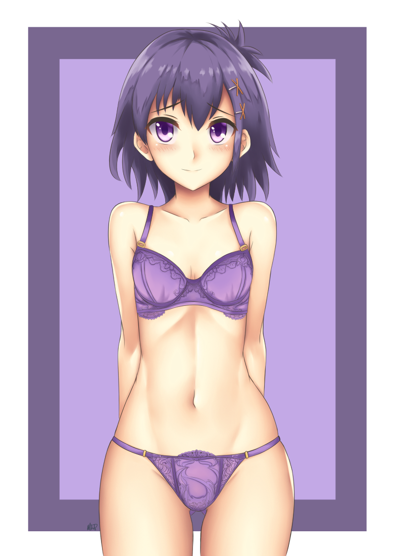 1girl arciealbano arms_at_sides blush bra breasts collarbone cowboy_shot gabriel_dropout hair_ornament midriff navel panties purple_background purple_bra purple_hair purple_panties short_hair shy small_breasts smile solo thighs topknot tsukinose_vignette_april underwear underwear_only violet_eyes x_hair_ornament