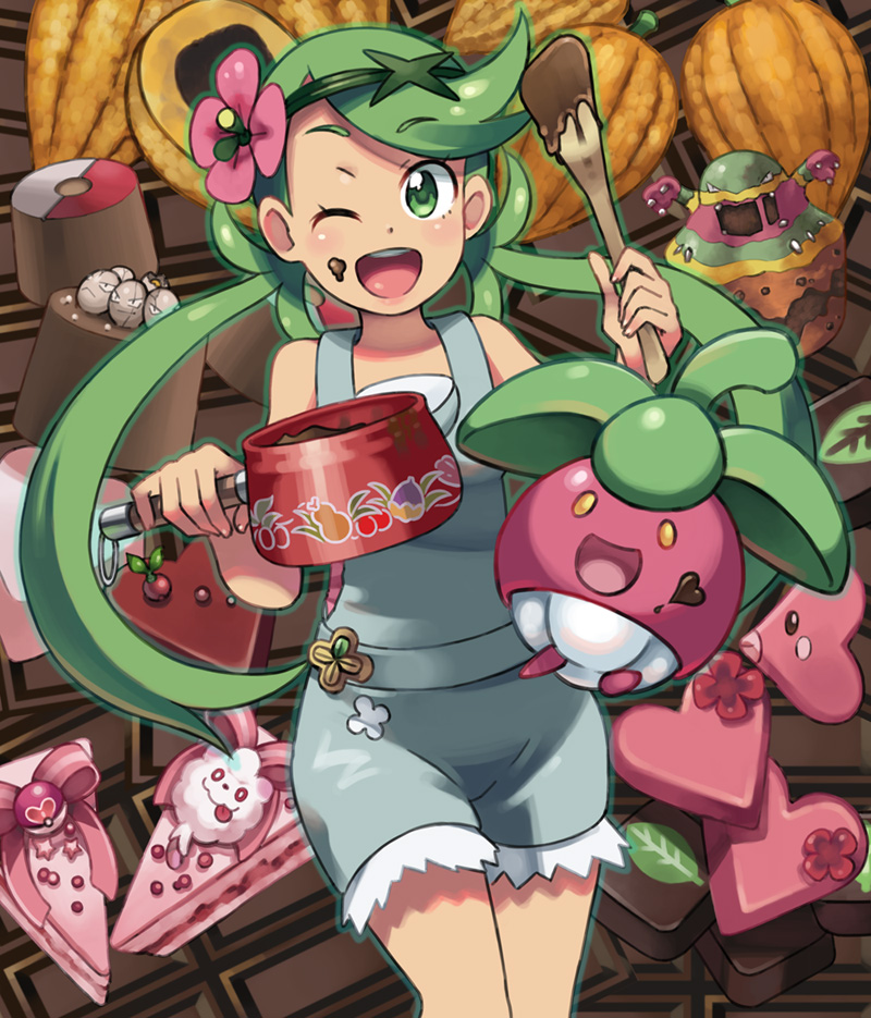 1girl ;d alola_form alolan_muk bangs bare_shoulders blush bounsweet bow breasts cake chocolate chocolate_on_face cocoa_bean cowboy_shot dark_skin exeggcute eyebrows_visible_through_hair flower food food_on_face green_eyes green_hair green_hairband green_outline hair_flower hair_ornament hairband heart holding holding_pot leaf long_hair looking_at_viewer luvdisc mallow_(pokemon) one_eye_closed open_mouth overalls pink_bow pink_shirt poke_ball poke_ball_theme pokemon pokemon_(creature) pokemon_(game) pokemon_sm pot shirt sleeveless sleeveless_shirt small_breasts smile spatula standing star swept_bangs swirlix trial_captain twintails yuta0115