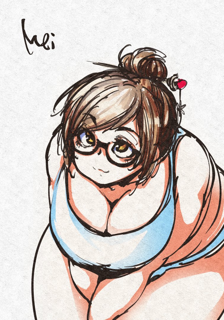 1girl :3 bending_forward blush brown_eyes brown_hair character_name cross_eyed fat fat_folds glasses hair_ornament hair_stick hiro_(h-net) looking_at_viewer mei_(overwatch) overwatch short_hair smile solo thick_thighs thighs v_arms wide_hips
