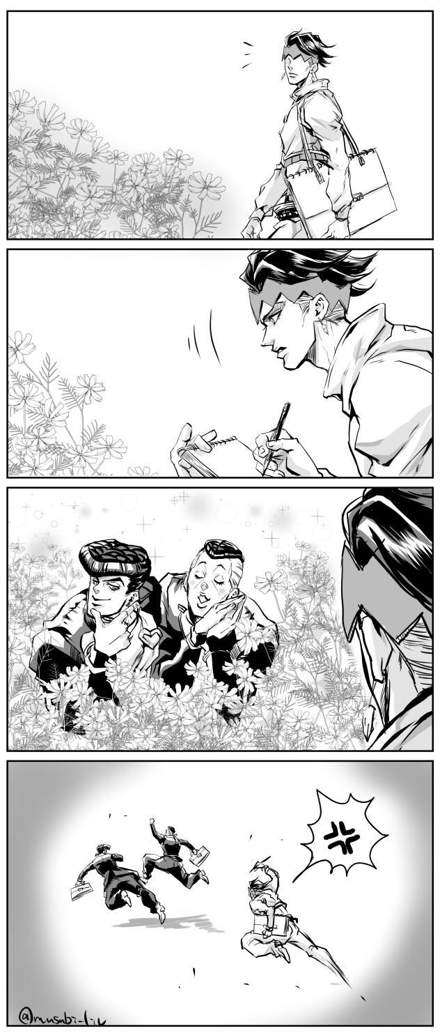 comic greyscale higashikata_jousuke highres jojo_no_kimyou_na_bouken kishibe_rohan monochrome multiple_boys musubi_(livnehe) nijimura_okuyasu sketchbook