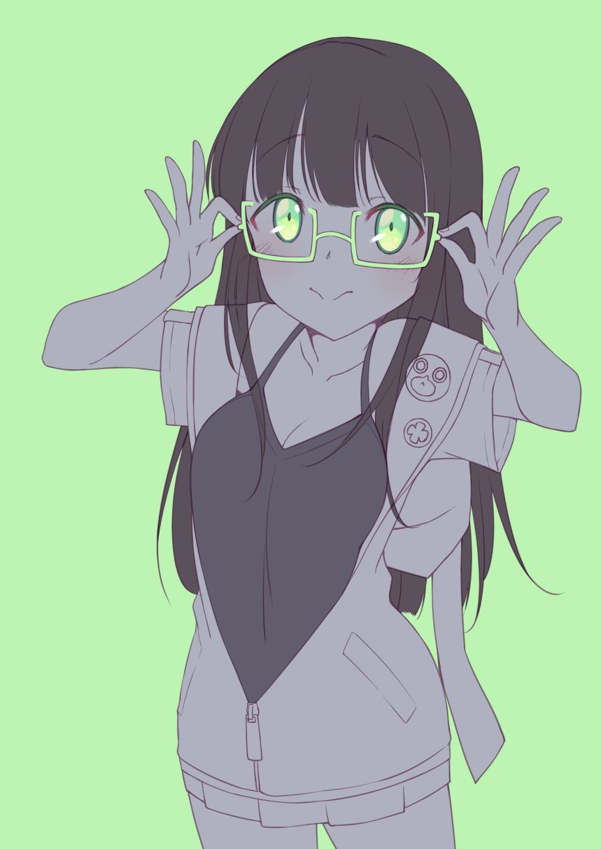 1girl :&gt; adjusting_glasses anko_(gochiusa) arms_up badge bangs bespectacled blunt_bangs blush breasts cleavage closed_mouth collarbone commentary cowboy_shot eyebrows_visible_through_hair glasses gochuumon_wa_usagi_desu_ka? green-framed_eyewear green_background green_eyes halterneck hetareeji highres jacket long_hair looking_at_viewer medium_breasts partially_unzipped pocket short_sleeves sidelocks simple_background solo spot_color ujimatsu_chiya zipper