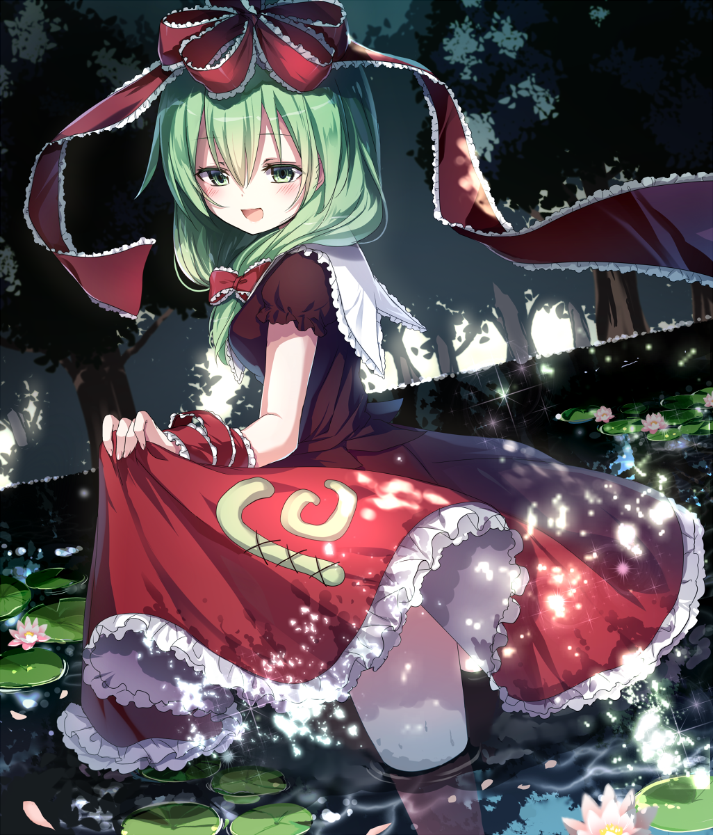 1girl bow breasts day dress dress_lift emia_(castilla) flower front_ponytail green_eyes green_hair hair_between_eyes hair_bow hair_ribbon highres kagiyama_hina lifted_by_self lily_pad long_hair looking_at_viewer medium_breasts nature open_mouth outdoors puffy_short_sleeves puffy_sleeves red_bow red_ribbon ribbon short_sleeves smile solo touhou tree wading water