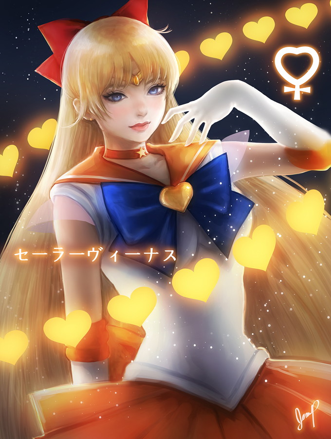 1girl arm_at_side arm_up bishoujo_senshi_sailor_moon blonde_hair blue_bow blue_bowtie blue_eyes bow bowtie breasts choker closed_mouth commentary elbow_gloves eyelashes forehead_jewel gloves heart long_hair looking_at_viewer magical_girl medium_breasts orange_choker orange_sailor_collar orange_skirt sailor_collar sailor_venus shirt signature skirt solo sparkle star_choker tiara very_long_hair white_gloves white_shirt xhilia_jp