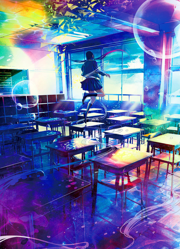 1girl abstract black_hair bubble chalkboard colorful commentary_request day desk floating_hair from_behind indoors jacket kneehighs long_sleeves long_twintails no_shoes original pleated_skirt school school_desk school_uniform skirt solo sunlight surreal wataboku window