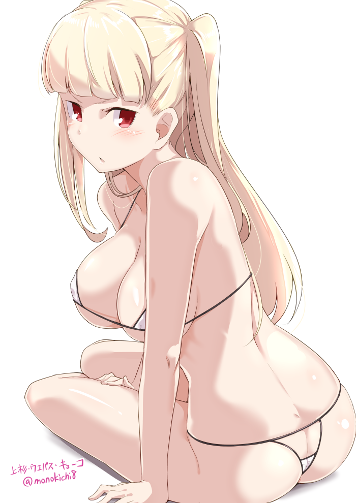 1girl ass bangs bikini blonde_hair blush breasts butt_crack character_name cleavage commentary_request from_behind hand_on_own_thigh kichihachi large_breasts long_hair looking_at_viewer looking_back micro_bikini parted_lips red_eyes simple_background solo swimsuit tokyo_7th_sisters twintails twitter_username uesugi_u_kyouko white_background white_bikini