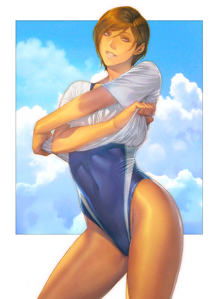 1girl brown_hair clouds competition_swimsuit covered_navel dark_skin grin homare_(fool's_art) looking_at_viewer one-piece_swimsuit one_eye_closed original shirt short_hair smile solo swimsuit tan undressing violet_eyes
