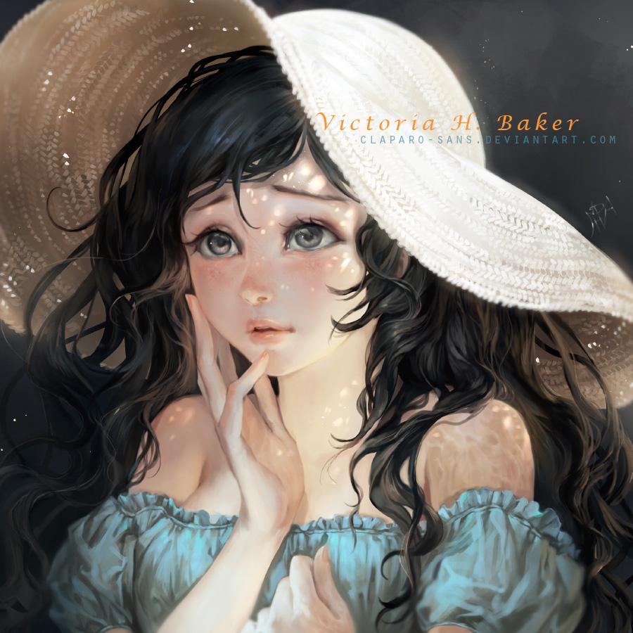 1girl black_hair blue_shirt borrowed_character breasts commentary commission eyelashes grey_hair hands hat lips long_hair medium_breasts original parted_lips phong_anh puffy_short_sleeves puffy_sleeves shirt short_sleeves solo strapless straw_hat sun_hat victoria_hope_baker watermark web_address