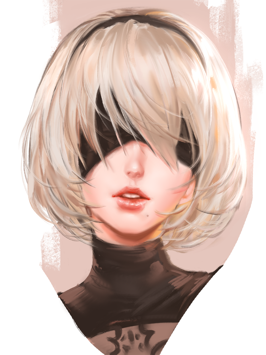 1girl black_blindfold blindfold covered_eyes facing_viewer highres jang_ju_hyeon lips nier_(series) nier_automata parted_lips portrait red_lips simple_background solo teeth turtleneck white_background white_hair yorha_no._2_type_b