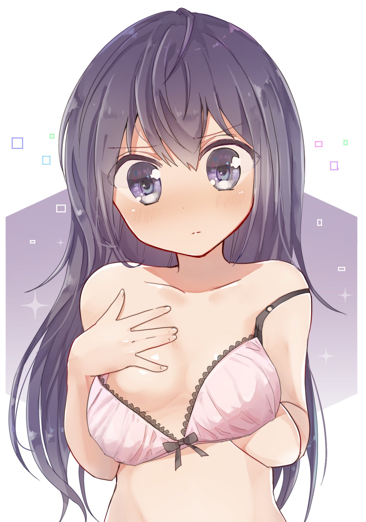 1girl ahoge akatsuki_(kantai_collection) bra breasts collarbone commentary_request highres kantai_collection long_hair namekuji_(namekuzu) oversized_clothes purple_hair small_breasts solo underwear underwear_only violet_eyes