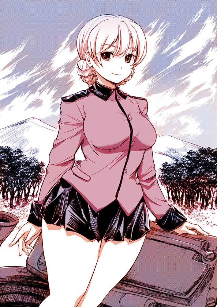 1girl arm_support bangs black_skirt blonde_hair blue_eyes braid closed_mouth clouds cloudy_sky commentary_request cowboy_shot darjeeling day epaulettes forest funky_function girls_und_panzer ground_vehicle jacket light_smile long_sleeves looking_at_viewer military military_uniform military_vehicle miniskirt motor_vehicle mountain nature outdoors pleated_skirt red_jacket short_hair skirt sky solo st._gloriana's_military_uniform standing tank tank_turret tied_hair tree twin_braids uniform