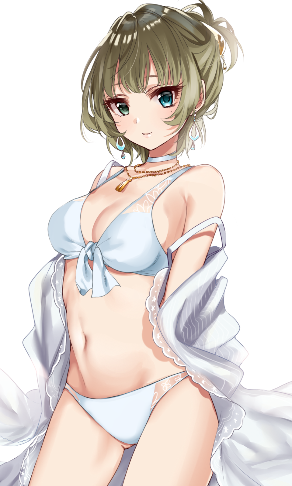 1girl arms_behind_back ass_visible_through_thighs bangs bare_shoulders bikini blue_bikini blue_eyes blunt_bangs blush breasts choker cleavage collarbone cowboy_shot earrings eyebrows_visible_through_hair eyelashes front-tie_bikini front-tie_top green_eyes green_hair heterochromia highres idolmaster idolmaster_cinderella_girls jewelry large_breasts looking_at_viewer medium_breasts mole mole_under_eye navel necklace off_shoulder open_clothes parted_lips pendant ribbon shiny shiny_hair short_hair simple_background sinsihukunokonaka smile solo standing stomach strap_slip swimsuit takagaki_kaede thighs tied_hair tsurime white_background white_bikini white_choker white_ribbon