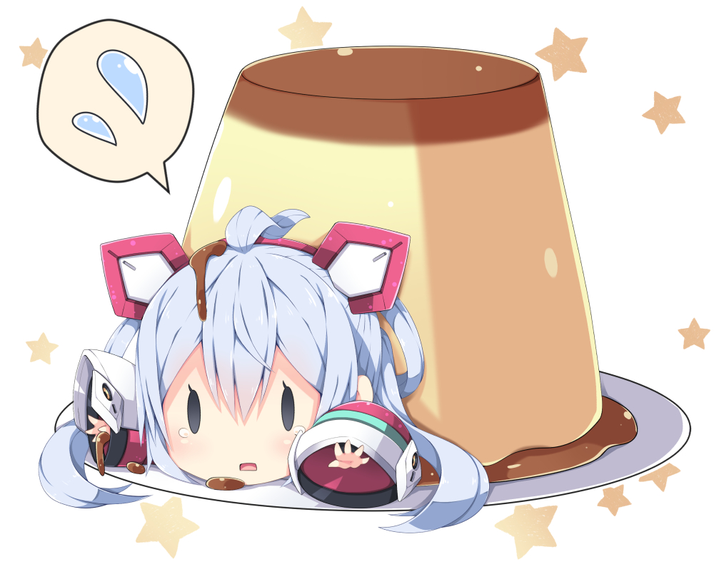 1girl ahoge bangs bare_shoulders blush chibi commentary detached_sleeves food food_on_face food_on_hair hair_between_eyes hair_ornament hair_rings in_food long_hair long_sleeves looking_at_viewer matoi_(pso2) milkpanda minigirl open_mouth phantasy_star phantasy_star_online_2 plate pudding sidelocks silver_hair solid_oval_eyes solo speech_bubble spoken_sweatdrop square_mouth star sweatdrop tearing_up tears twintails white_background