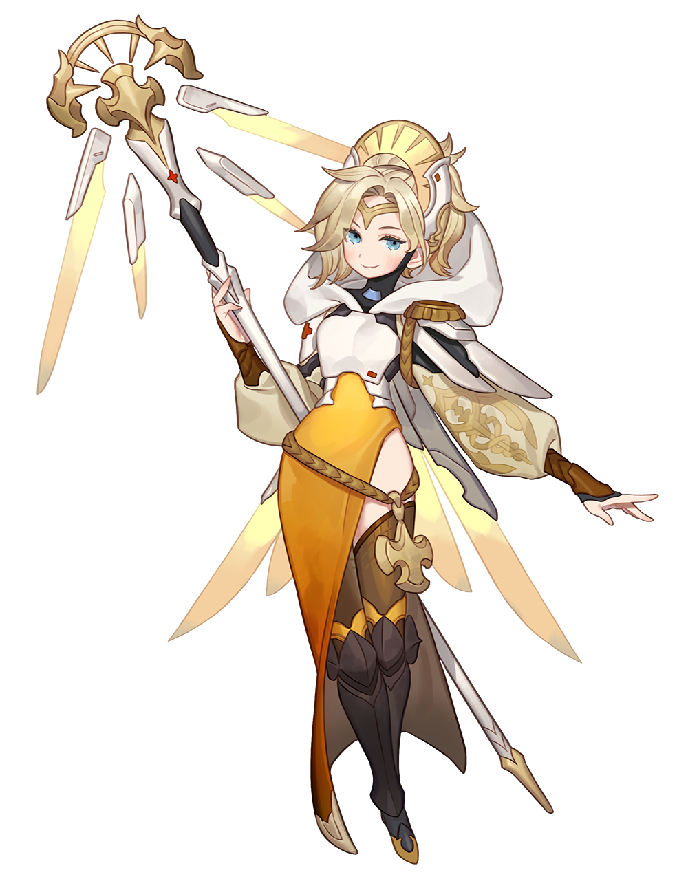 1girl blonde_hair blue_eyes boots gwayo hat_ornament highres hood knee_boots mercy_(overwatch) overwatch puffy_sleeves solo staff thighs wings