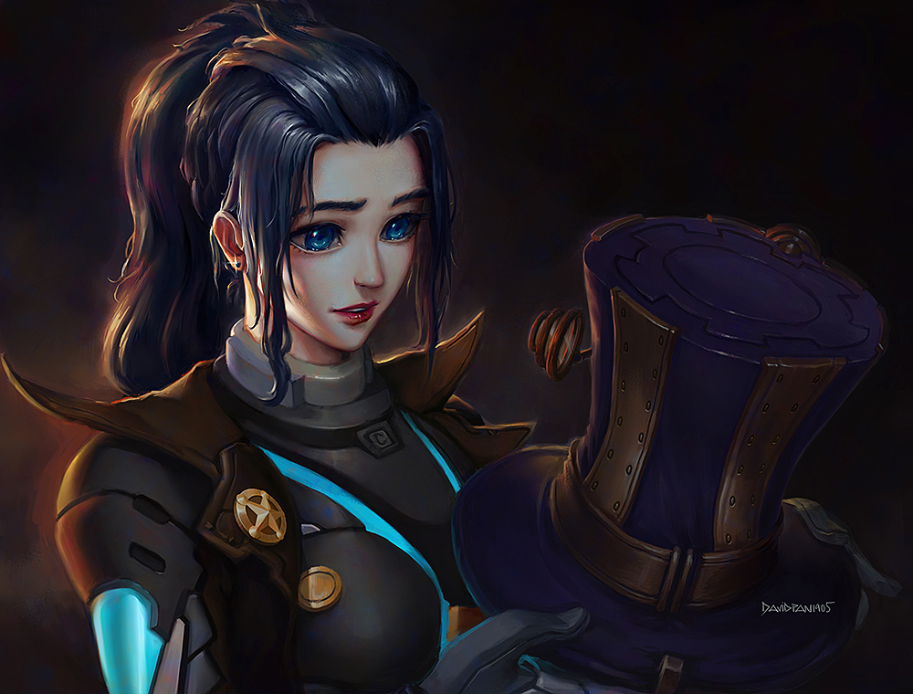 1girl artist_name black_hair blue_eyes caitlyn_(league_of_legends) david_pan earrings eyebrows eyelashes forehead gloves hat holding holding_hat jewelry league_of_legends long_hair nose parted_lips ponytail red_lips solo sparkle teeth top_hat