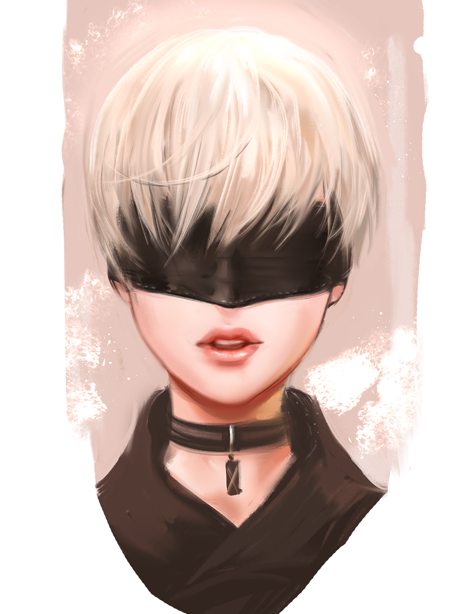 bangs black_blindfold black_choker blindfold choker covered_eyes highres jang_ju_hyeon jewelry lips male_focus nier_(series) nier_automata parted_lips pendant pink_lips portrait simple_background teeth white_background yorha_no._9_type_s