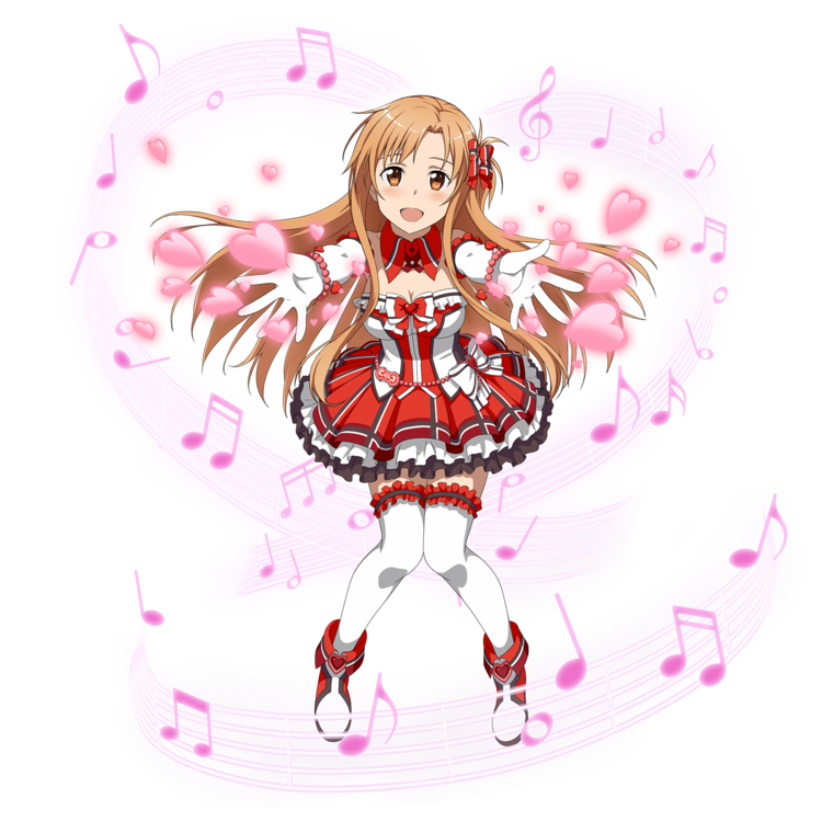 1girl :d asuna_(sao) beamed_quavers beamed_semiquavers blush bow breasts brown_eyes brown_hair choker cleavage collarbone crotchet dress elbow_gloves floating_hair full_body garters gloves hair_bow layered_dress long_hair looking_at_viewer medium_breasts minim musical_note open_mouth outstretched_arms quaver red_bow semibreve semiquaver smile solo strapless strapless_dress sword_art_online thigh-highs transparent_background treble_clef very_long_hair white_gloves white_legwear