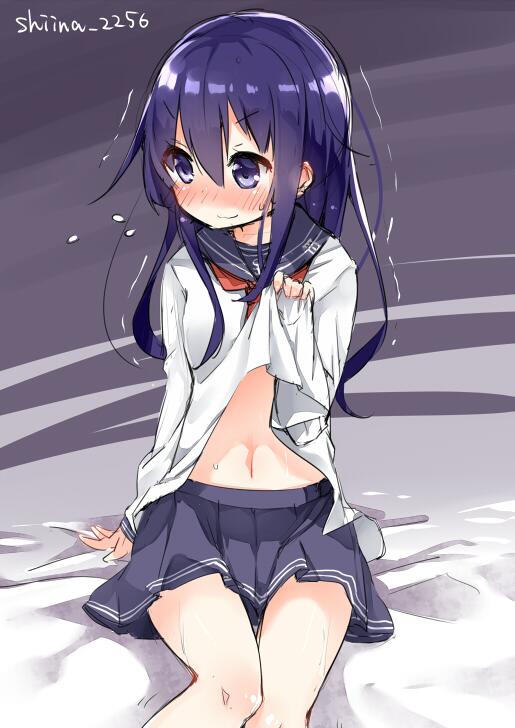 1girl akatsuki_(kantai_collection) blush kantai_collection long_hair looking_away navel purple_hair school_uniform serafuku shirt_lift sitting skirt solo tousaki_shiina trembling violet_eyes