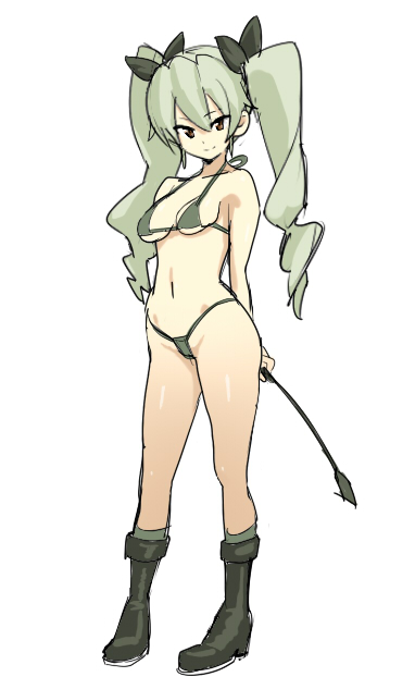 1girl anchovy arms_behind_back bangs beruzenefu bikini black_bikini black_boots black_ribbon boots breasts closed_mouth drill_hair full_body girls_und_panzer green_hair hair_ribbon holding long_hair looking_at_viewer medium_breasts micro_bikini navel red_eyes ribbon riding_crop simple_background sketch smile solo standing swimsuit twin_drills twintails white_background
