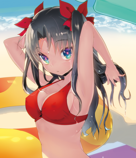 1girl 5jack adjusting_hair armpits arms_up bangs beach bikini_top black_hair blue_eyes blush breasts cleavage closed_mouth day expressionless eyebrows_visible_through_hair fate/stay_night fate_(series) hair_ribbon innertube long_hair looking_at_viewer medium_breasts outdoors parted_bangs parted_lips pink_pupils red_bikini_top red_ribbon ribbon solo tohsaka_rin tsurime twintails upper_body wavy_hair