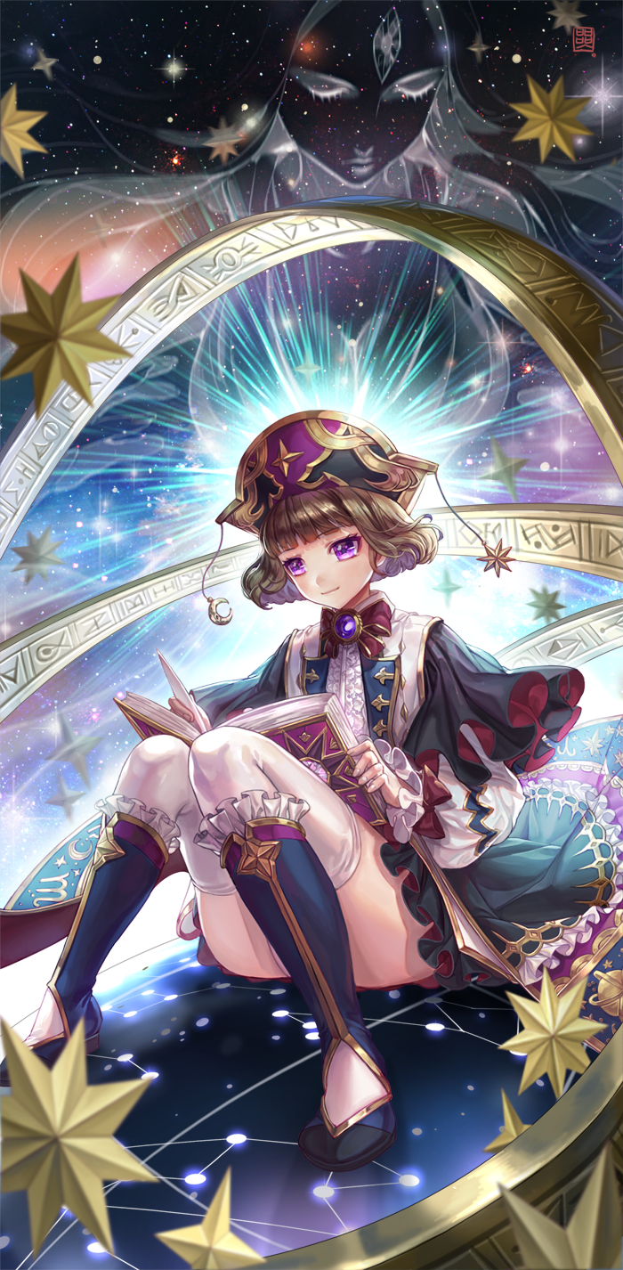 1girl book box_(hotpppink) brown_hair closed_mouth constellation hat highres knees_together_feet_apart light_smile night night_sky open_book original reading short_hair sky solo star star_(sky) starry_sky thigh-highs turning_page violet_eyes white_legwear