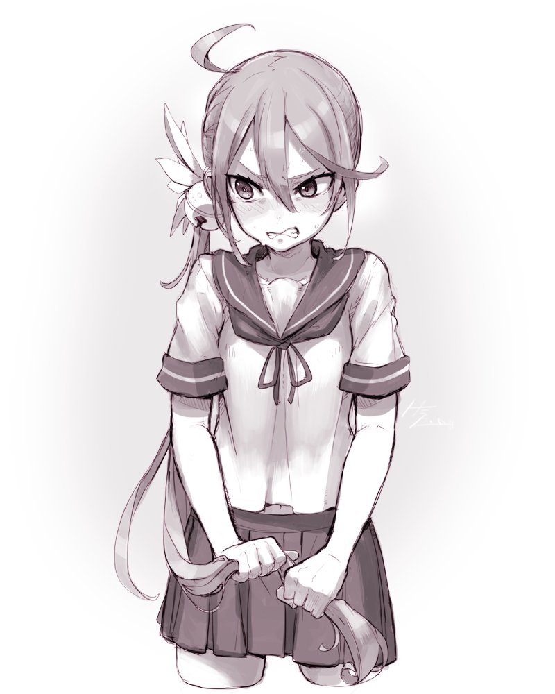 1girl akebono_(kantai_collection) bell blush clenched_hands clenched_teeth commentary cowboy_shot flower grimace hair_bell hair_flower hair_ornament holding holding_hair jingle_bell kantai_collection long_hair looking_away monochrome pleated_skirt school_uniform serafuku short_sleeves side_ponytail skirt solo standing sweat teeth tonami_kanji very_long_hair white_background