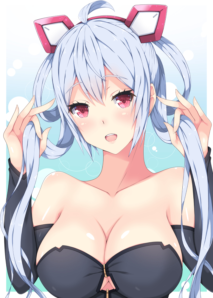1girl ahoge bare_shoulders blush breasts cleavage cleavage_cutout collarbone long_hair looking_at_viewer matoi_(pso2) medium_breasts milkpanda open_mouth phantasy_star phantasy_star_online_2 pink_eyes silver_hair solo twintails upper_body