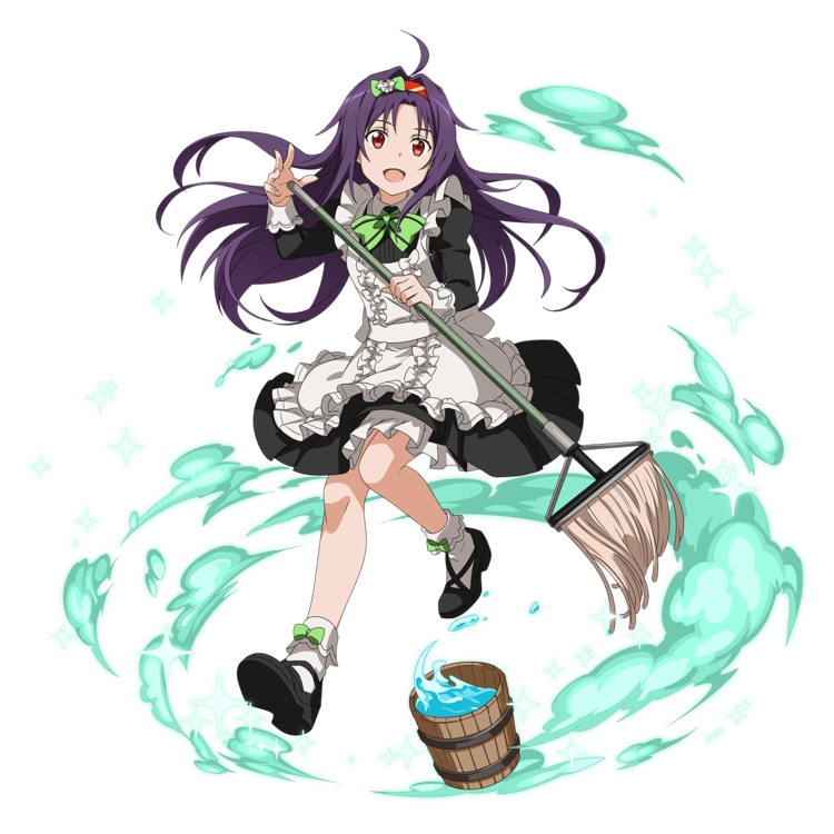 1girl :d ahoge apron black_dress bow bowtie dress floating_hair frilled_apron frills full_body green_bow green_bowtie hair_bow hairband looking_at_viewer maid open_mouth purple_hair red_eyes red_hairband short_dress smile socks solo sword_art_online transparent_background violet_eyes water white_apron white_legwear yuuki_(sao)