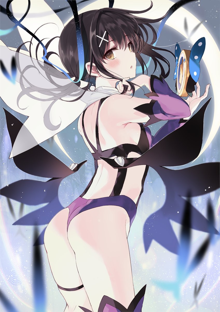 1girl arched_back arm_up ass back bare_shoulders black_hair breasts cowboy_shot detached_sleeves fate/kaleid_liner_prisma_illya fate_(series) floating_hair from_behind hair_ornament highres leotard long_hair long_sleeves looking_at_viewer looking_back miyu_edelfelt nanananana parted_lips purple_leotard revealing_clothes small_breasts solo standing thigh_strap thighs x_hair_ornament yellow_eyes