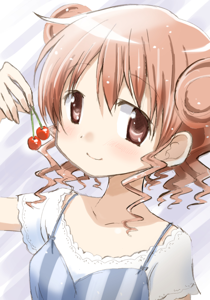 1girl blush brown_hair cherry double_bun food fruit hidamari_sketch hiro kinfuji pink_hair short_hair