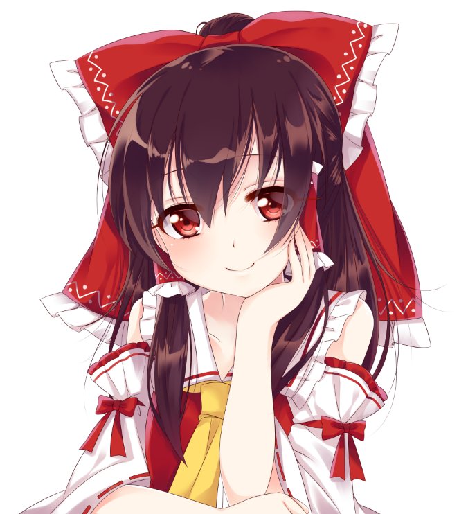 1girl ascot bangs bow brown_hair chin_rest detached_sleeves hair_bow hair_tubes hakurei_reimu haruki_(colorful_macaron) long_hair looking_at_viewer ponytail red_bow red_eyes ribbon-trimmed_sleeves ribbon_trim shiny shiny_hair sidelocks simple_background smile solo touhou vest white_background