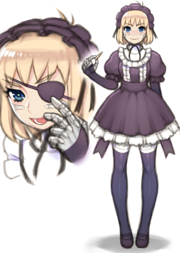 1girl black_legwear blonde_hair blue_eyes blush bullet close-up cyborg erika_(gunnm) eyepatch folks_(nabokof) frilled frilled_skirt frills full_body gothic_lolita gunnm gunnm_mars_chronicle holding lolita_fashion looking_at_viewer maid_headdress mary_janes open_mouth puffy_short_sleeves puffy_sleeves shoes short_hair short_sleeves skirt smile solo standing thigh-highs white_background