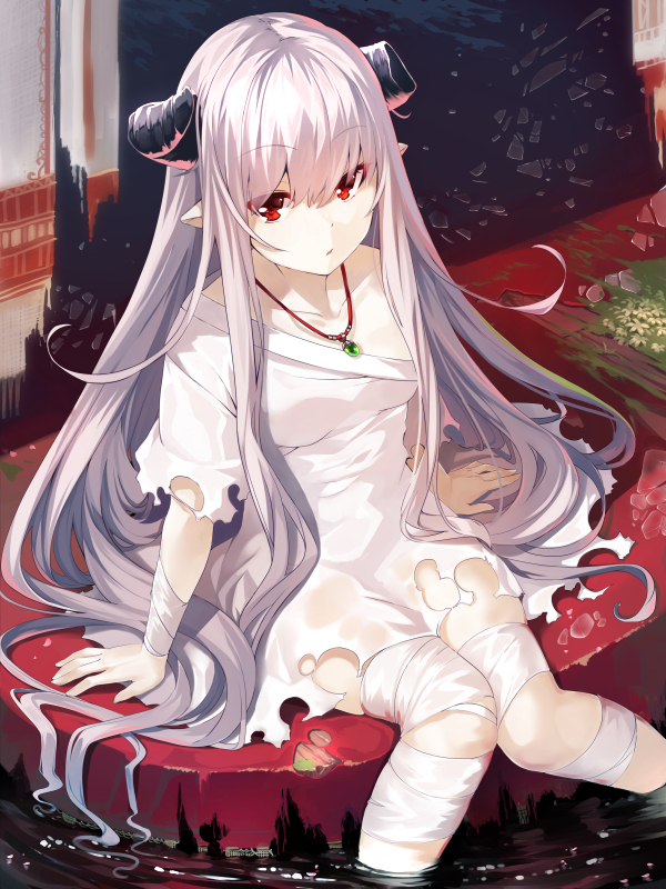 1girl bandage bangs bent_knees breasts collarbone eyebrows_visible_through_hair horns jewelry long_hair medium_breasts necklace open_mouth original red_eyes sitting solo torn_clothes very_long_hair yuuji_(yukimimi)