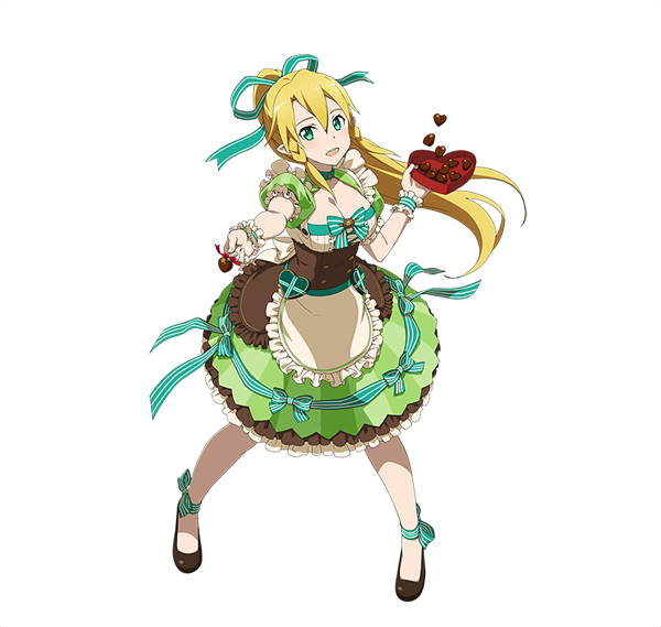 1girl :d ankle_ribbon apron aqua_ribbon blonde_hair braid breasts chocolate chocolate_heart cleavage dress floating_hair frilled_apron frilled_dress frills full_body green_eyes hair_ribbon heart high_ponytail holding large_breasts leafa_(sao) long_hair looking_at_viewer open_mouth outstretched_arm pantyhose ribbon short_sleeves smile solo standing striped striped_ribbon sword_art_online transparent_background very_long_hair white_apron white_legwear wrist_cuffs