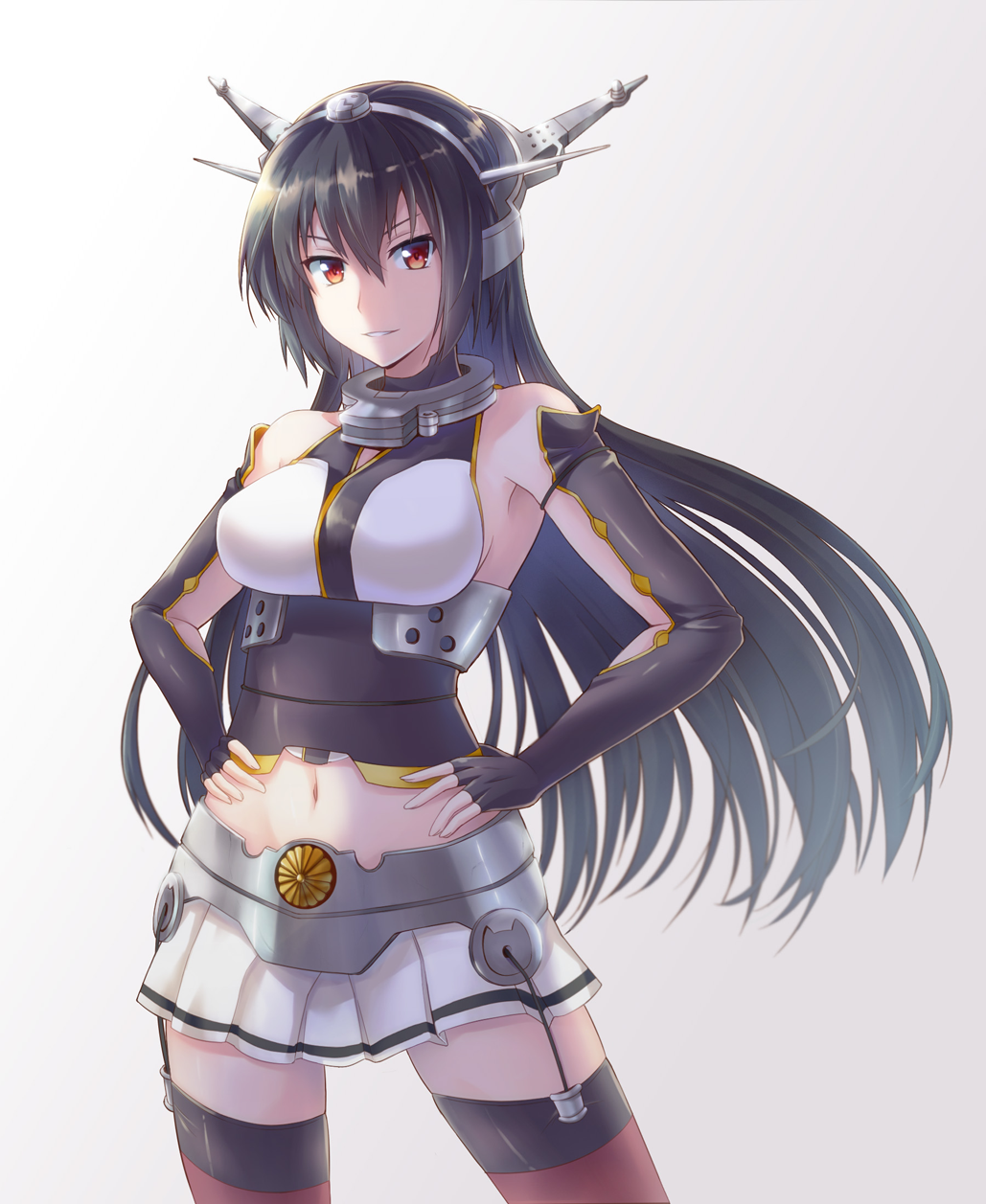 1girl bare_shoulders black_gloves black_hair breasts collar elbow_gloves fingerless_gloves gloves hair_between_eyes halterneck hands_on_hips headgear highres kantai_collection large_breasts long_hair looking_at_viewer medium_hair metal_belt midriff miniskirt nagato_(kantai_collection) navel parted_lips pleated_skirt red_eyes red_legwear sanagi shiny shiny_hair skirt solo striped striped_skirt teeth thigh-highs white_skirt zettai_ryouiki