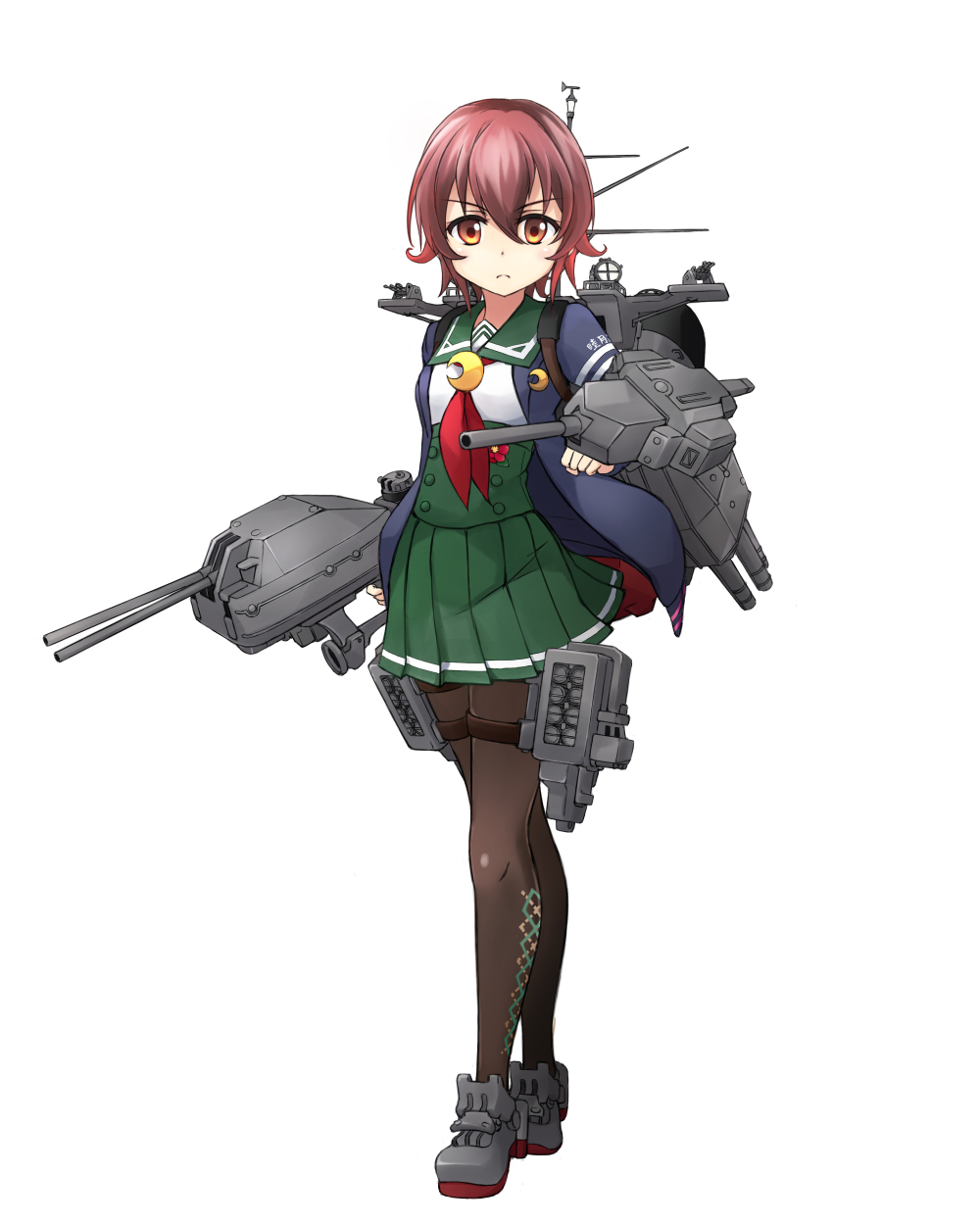 1girl adapted_costume argyle argyle_legwear black_legwear blue_jacket brown_hair cannon commentary_request crescent crescent_moon_pin flower full_body gradient_hair green_skirt highres jacket kantai_collection looking_at_viewer machinery minosu multicolored_hair mutsuki_(kantai_collection) neckerchief pantyhose pleated_skirt red_eyes red_neckerchief remodel_(kantai_collection) rudder_shoes school_uniform serafuku short_hair simple_background skirt solo standing turret white_background