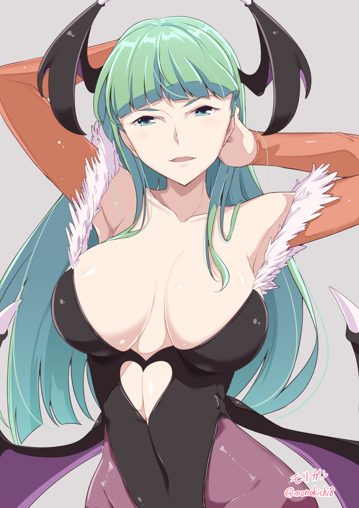 1girl arms_up bangs bare_shoulders bat_wings black_leotard blue_eyes breasts covered_navel demon_girl green_hair grey_background head_wings heart_cutout kichihachi large_breasts leotard long_hair looking_at_viewer morrigan_aensland pantyhose parted_lips purple_legwear simple_background smile solo strapless strapless_leotard succubus upper_body vampire_(game) wings