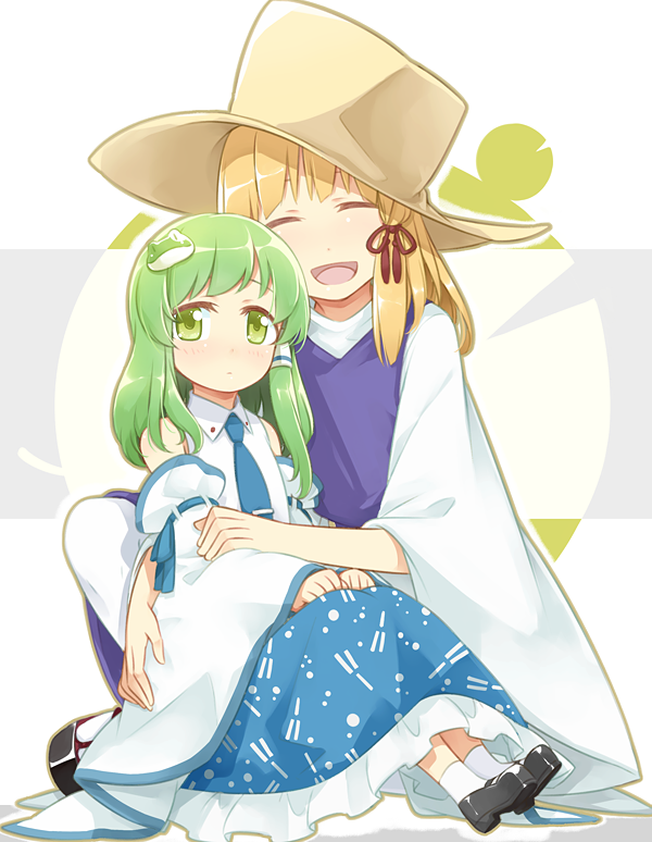 2girls age_difference blonde_hair blush child closed_eyes detached_sleeves frog_hair_ornament green_eyes green_hair hair_ornament hat indian_style kochiya_sanae long_hair looking_at_viewer moriya_suwako multiple_girls necktie open_mouth sakuraba_yuuki short_hair sitting skirt smile touhou wide_sleeves younger